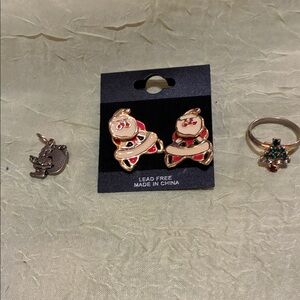 Gold and Red Enameled Santa earrings, santa pendant & christmas tree ring